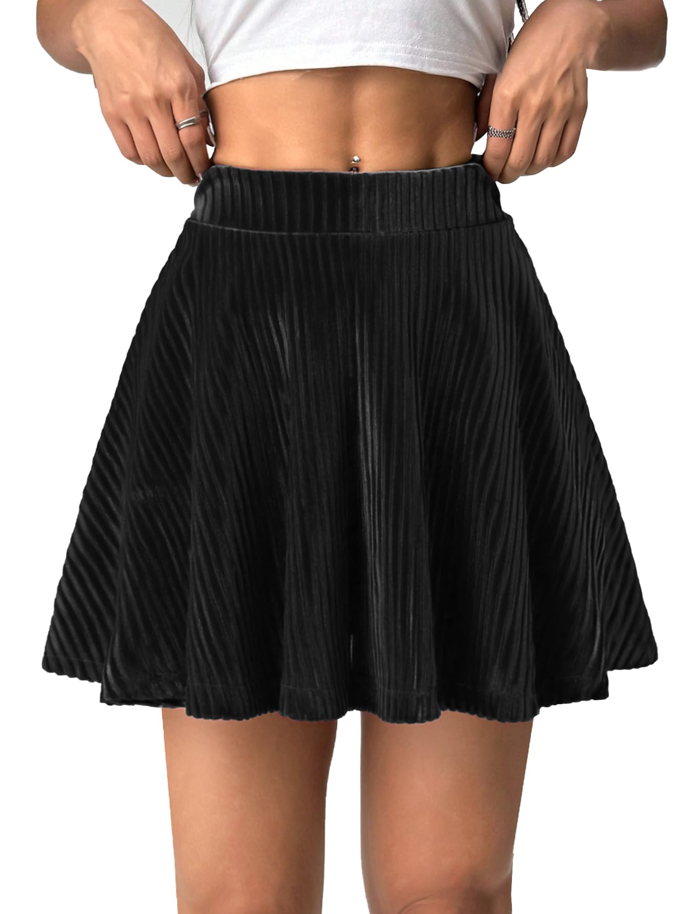 GAMISS Women's Velvet Short Skirts, High Waisted Pleated Skirt with Shorts Underneath Skort Fall Cute Tennis Skirt Black M