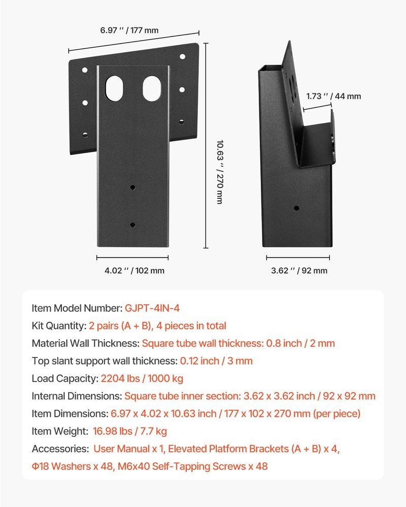 VEVOR Deer Blind Brackets, Outdoor 3.6x3.6 Platform Bracket, Fit 3.5x3.5 In / 88.9x88.9 mm Lumber, 2204lbs/1000kg Capacity Steel Elevator Brackets for Deer Stand, Hunting Blinds, Shooting Shack, 4 Pcs