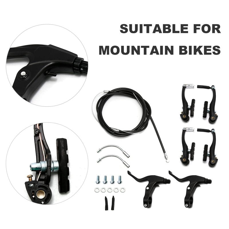 UOIENRT Complete Bike Brake Set Includes Callipers Levers Cables Black, Bicycle Front and Rear Brake Cable, Aluminum Alloy Brake Handlebars and V Bike Brake Kit