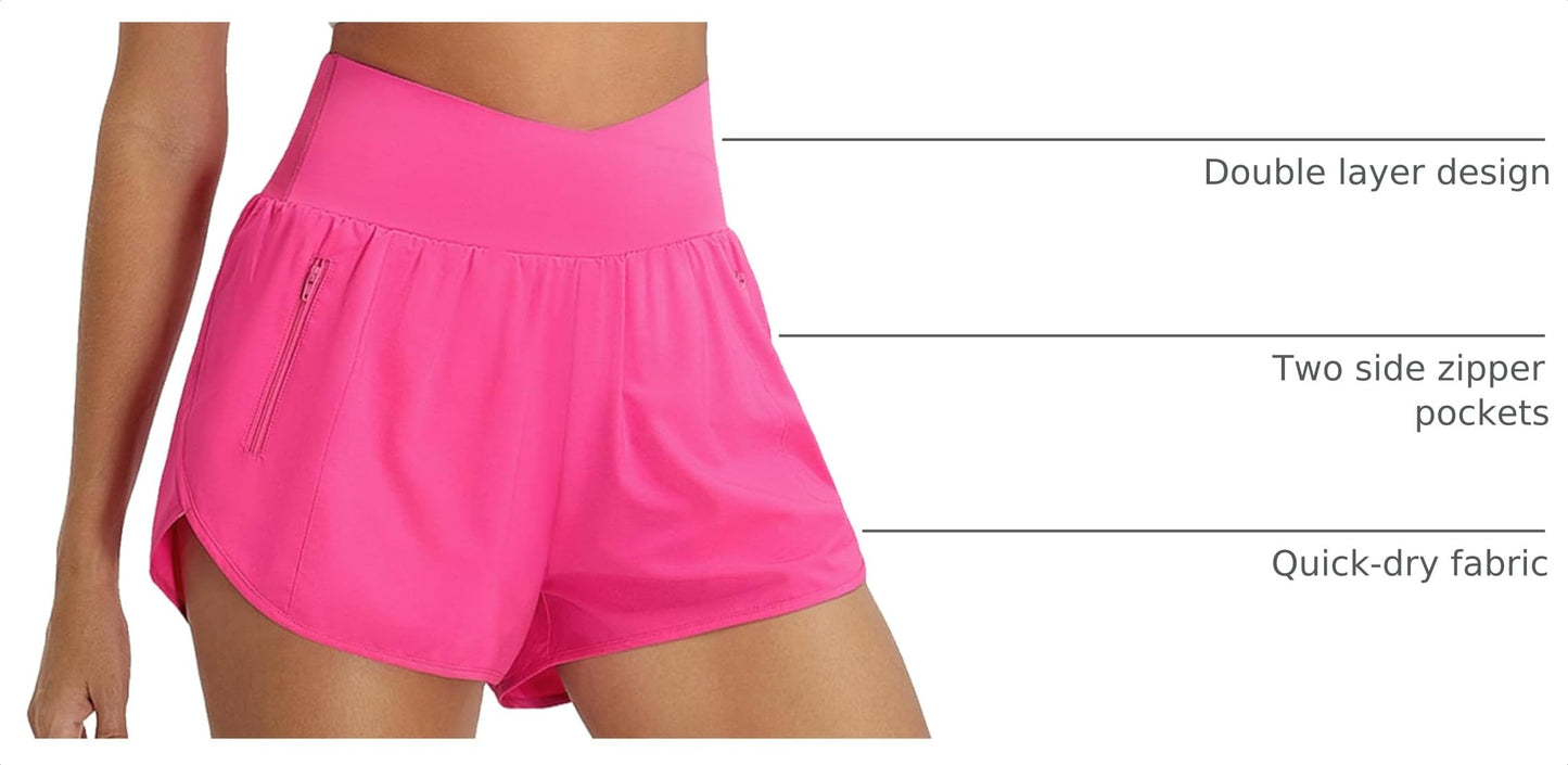 BMJL Women's Athletic Shorts High Waisted Running Short Pockets Gym Elastic Quick Dry Workout Shorts 2.5"(M,Hot Pink)