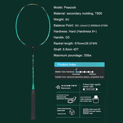 ALPSPORT Peacock 4U G5 6.8mm 40T Graphite Shaft Max 35LBS T800 Professional Racquet, Secondary Molding Full Carbon Fiber Badminton Racket with Gift Box, 1 Flannel Bag, 2 Grips Tapes (Black)