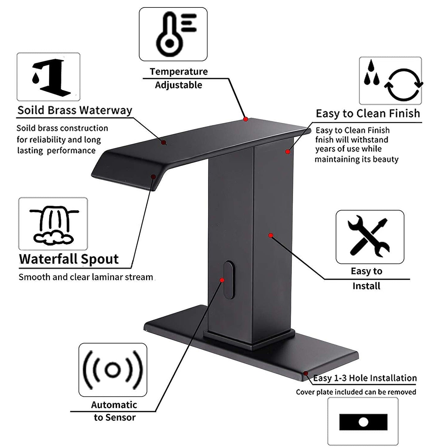 YBlucklly Automatic Sensor Touchless Waterfall Bathroom Sink Faucet with Control Box and Temperature Mixer DC Powered Sensor Hands Free Bathroom Tap Matte Black Vanity Faucets with Hole Cover Plate