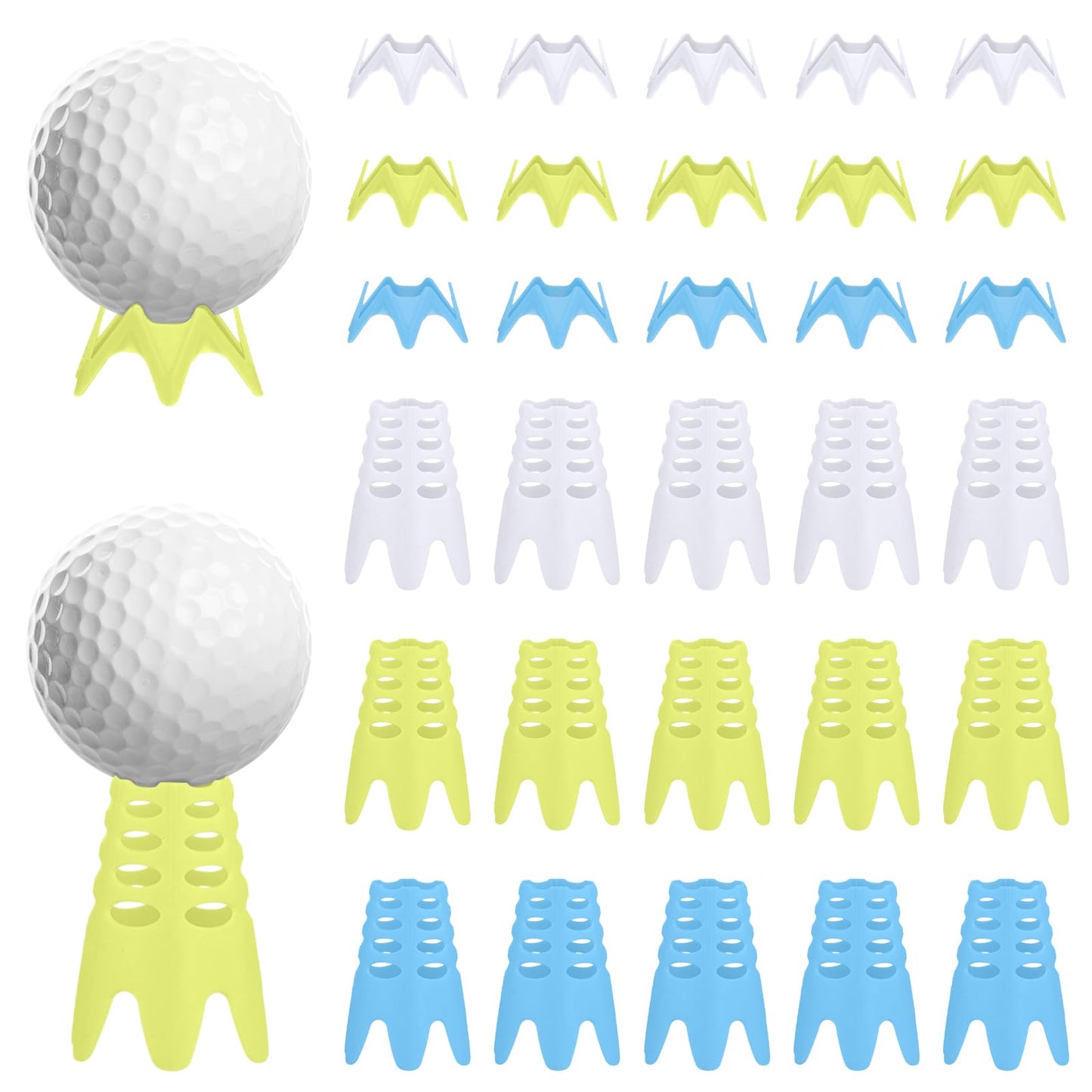 XIHIRCD 30pcs Plastic Golf Tees, 15 Tall & 15 Short Golf Simulator Tees Golf Mat Tees Indoor & Outdoor Practice Golf Tees for Sportsman Golf Lovers Beginners (Blue, White, Yellow)