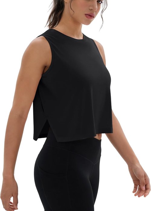 MAGCOMSEN Women's Crop Tank Tops - Sleeveless Workout Gym Top with Side Slits for Comfort and Style
