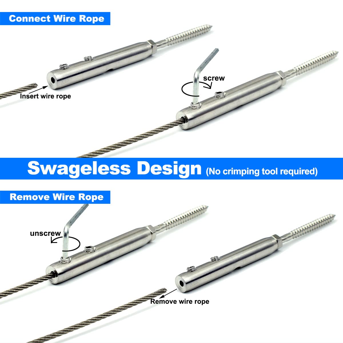 Iutuuk Swageless Tensioners for Wood Posts Cable Railing Hardware Kit, for 1/8 Stainless Steel Cable Rrailing System, Swageless Lag Screws Left & Right 10 Pairs