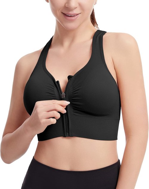 Fapreit Women's Sports Bra - Seamless Wire-Free Zip Front Closure for Post-Surgery Comfort | Padded Racerback Design