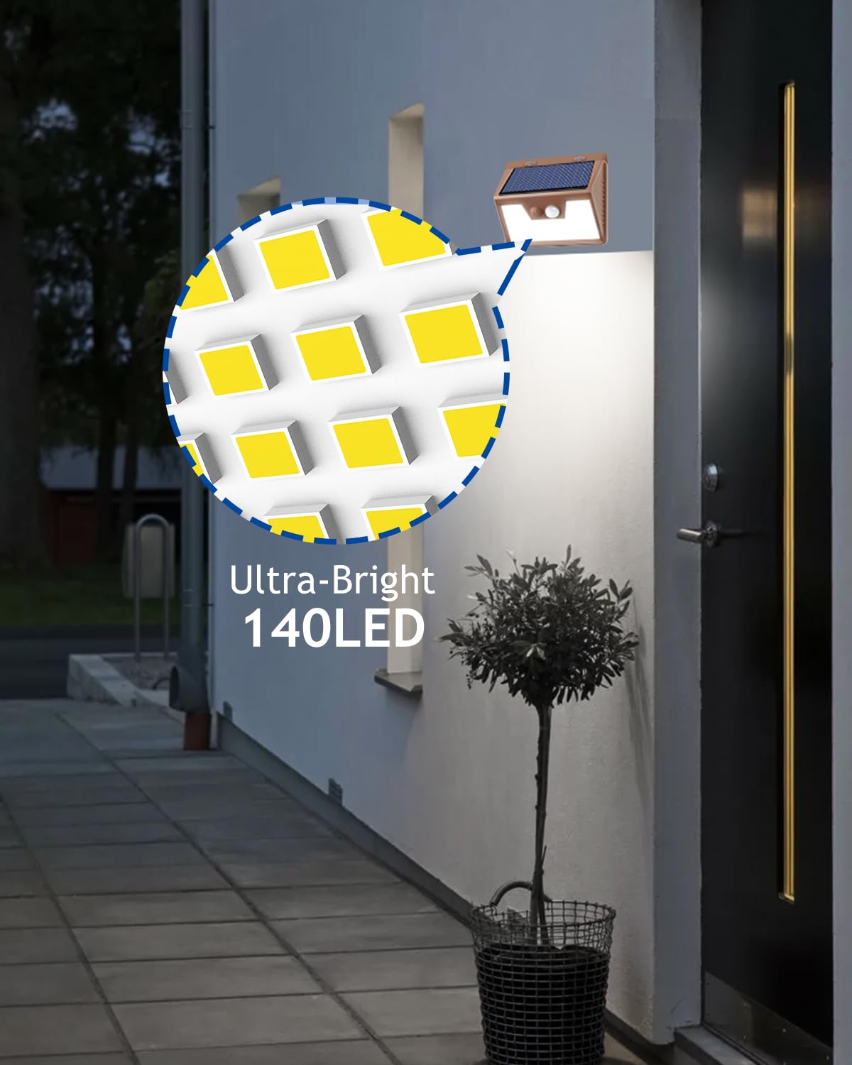 Peasur 2 Pack Solar Lights for Outside, Motion Sensor Outdoor Lights, 140LED Solar Security Lights 3 Working Modes, Solar Lights Outdoor Waterproof for Outside Garden Yard Fence (Brown Frame)