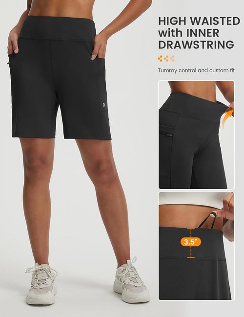 Baleaf Women's High-Waisted Bermuda Shorts - 7" Athletic Running Shorts with Zipper Pockets