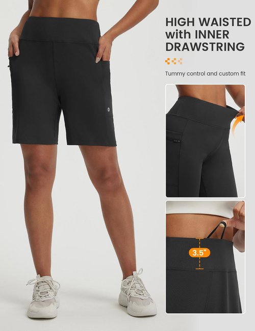 baleaf Women's Bermuda Shorts Athletic Running Shorts Quick Dry High Waisted Workout Gym Shorts with Zipper Pockets Walking Casual Black L
