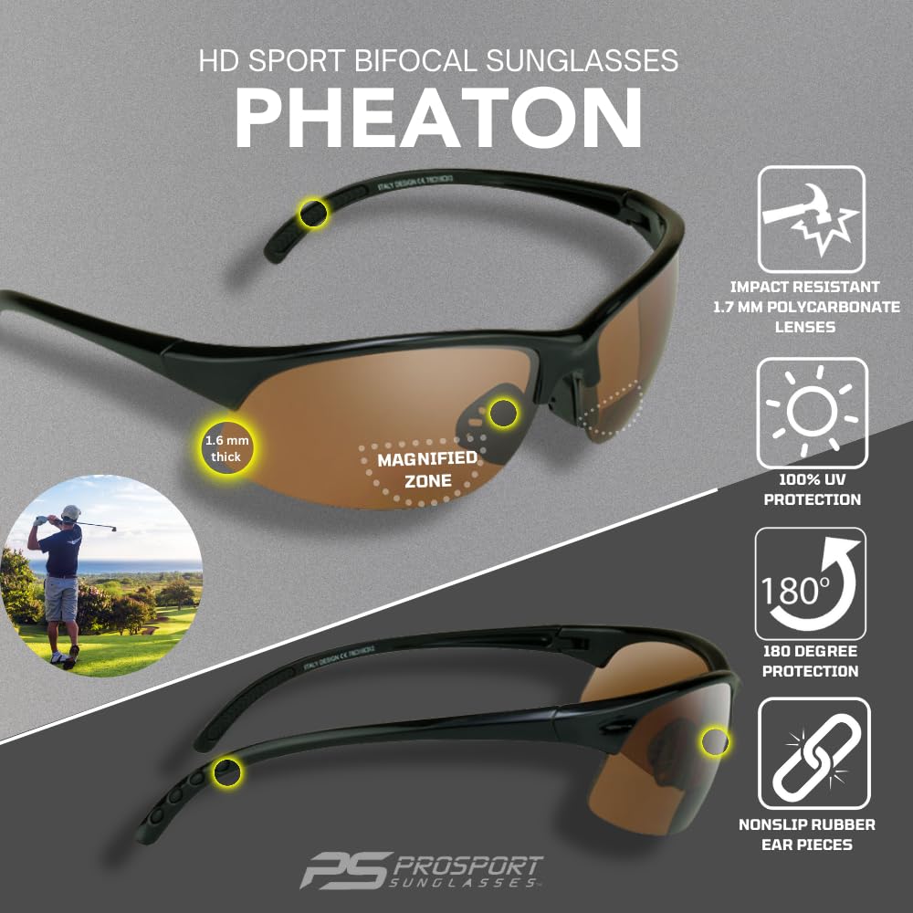 proSPORT BIFOCAL Sunglasses Readers +2.50 High Definition Amber Lens Semi Rimless Sport Frame Mens Womens