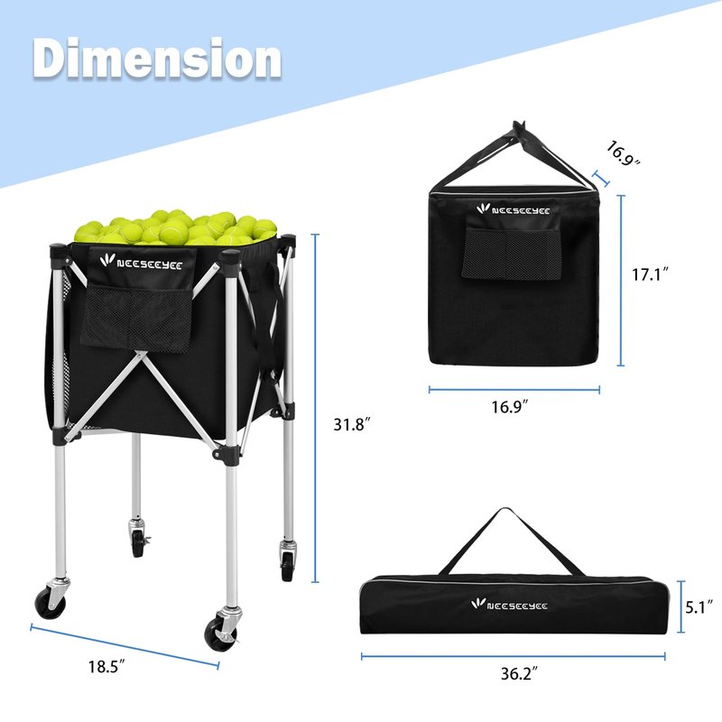 NEESEEYEE Sturdy Pickleball Tennis Ball Hopper - Foldable Lightweight Tennis Cart Holds 240 Tennis/180 Pickleballs with Removable Bag, Wheels, Side Pocket for Training/Teaching