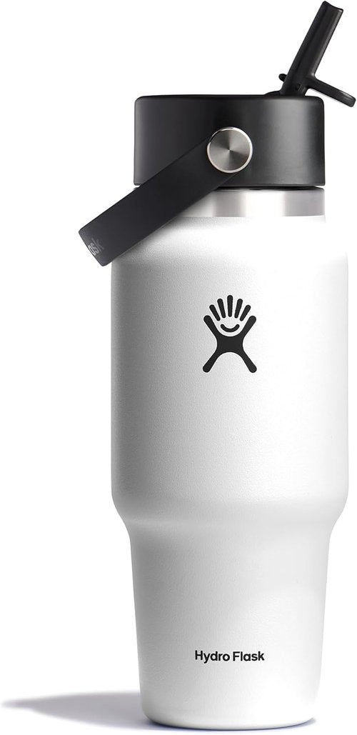Hydro Flask Travel Water Bottle - Insulated Stainless Steel - 24 Oz White with Wide Straw Lid