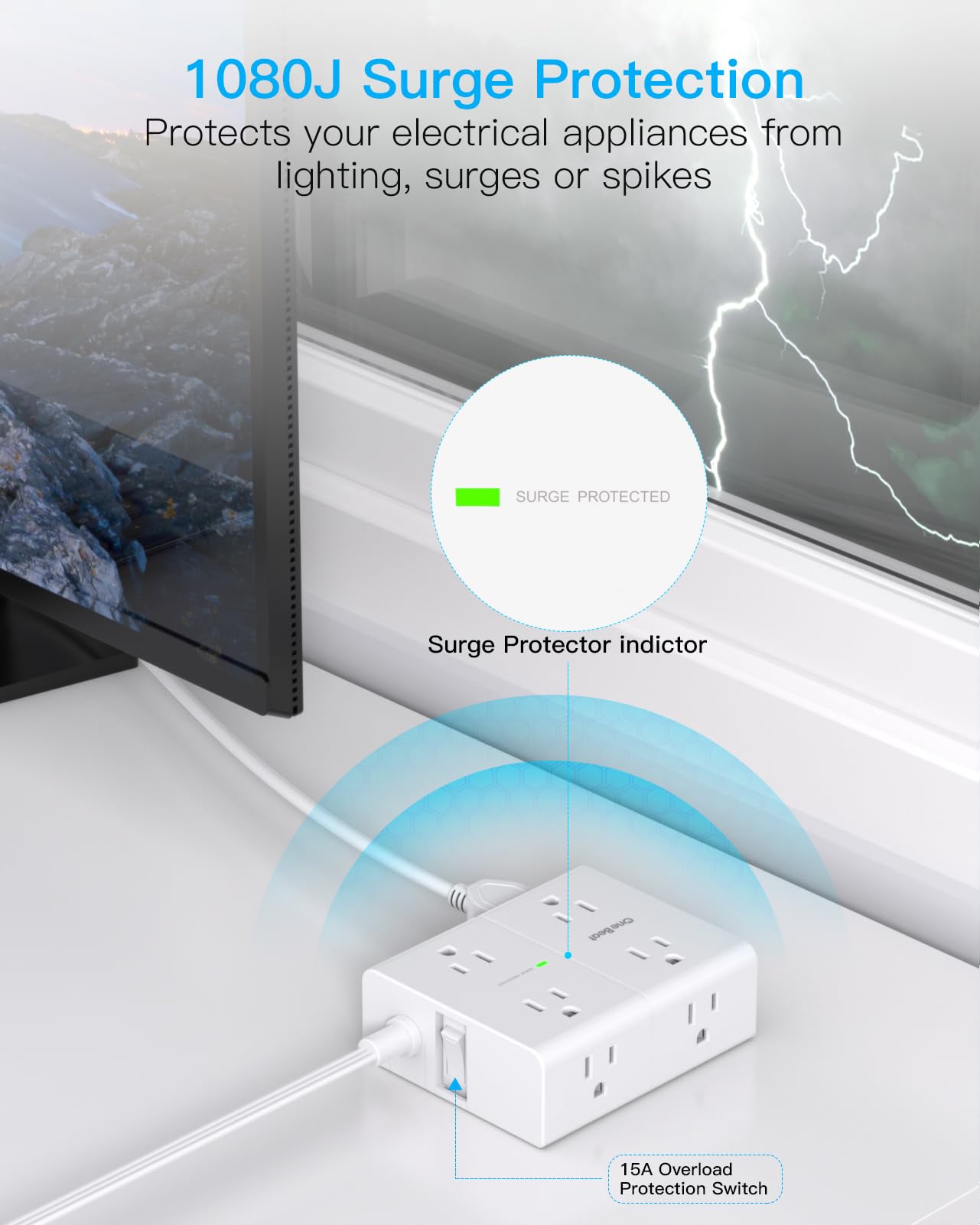 Surge Protector Power Strip, 6 Ft Flat Plug Extension Cord with 8 Outlets 4 USB Ports (2 USB C), 1080J Multi Plug Outlet Extender, Wall Mount Desk USB Charging Station for Home Office Dorm Essentials