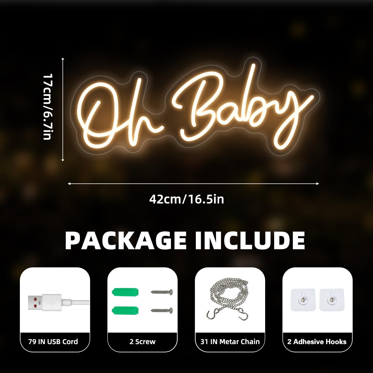 Oh Baby Neon Sign for Backdrop Wall Decor, Boy and Girl Baby Shower Decorations Led Light up Sign for Party Decor, Warm White, 16.5x6.7 inch