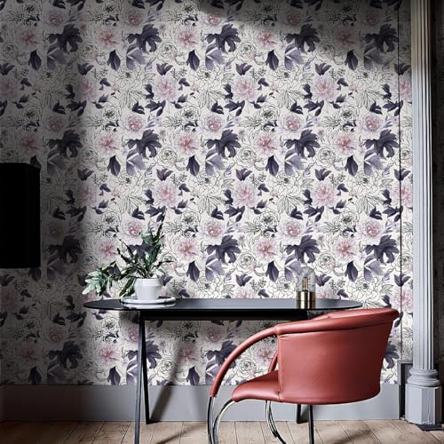 GeRRiT 17.32"x118" Purple Peel and Stick Wallpaper Watercolor Floral Wall Paper Self-Adhesive Contact Paper for Bedroom Bathroom