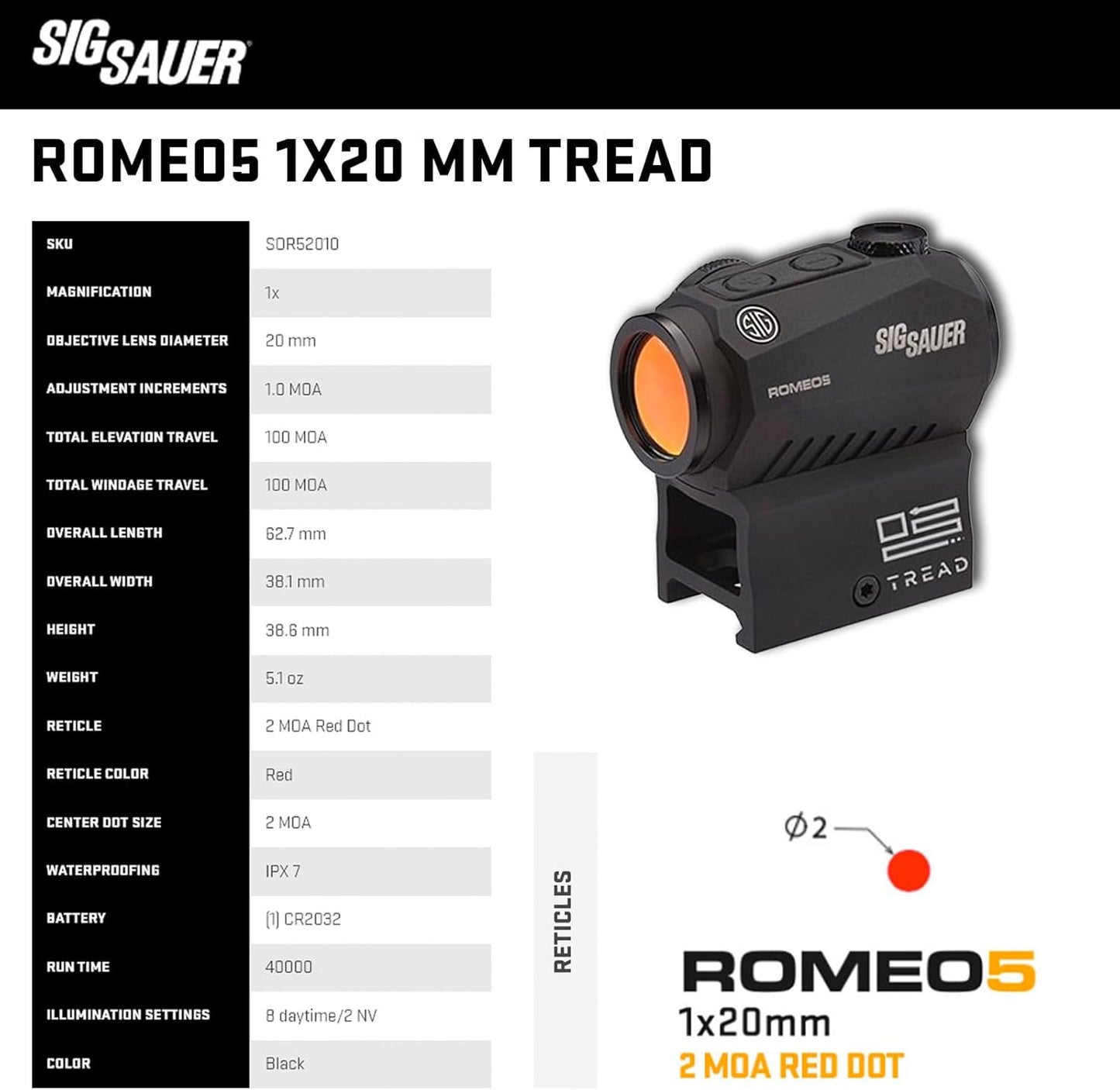 SIG SAUER Romeo5 Red Dot Sight - High-Performance 2 MOA Waterproof & Fog-Proof Compact 1x20mm