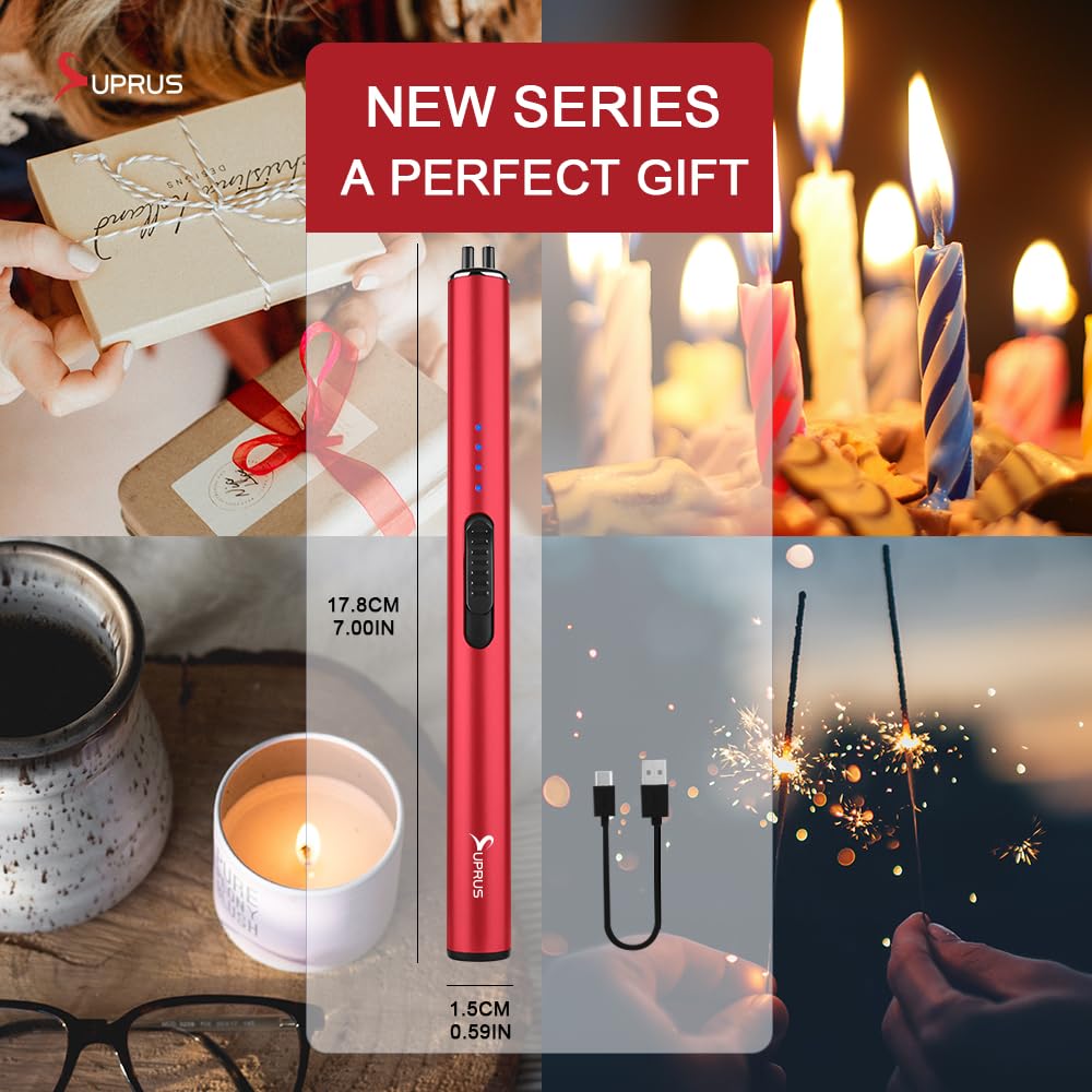 SUPRUS Electric Arc Windproof Flameless USB Rechargeable Lighter with Safety Lock for Candle (Red, 3 Packs)