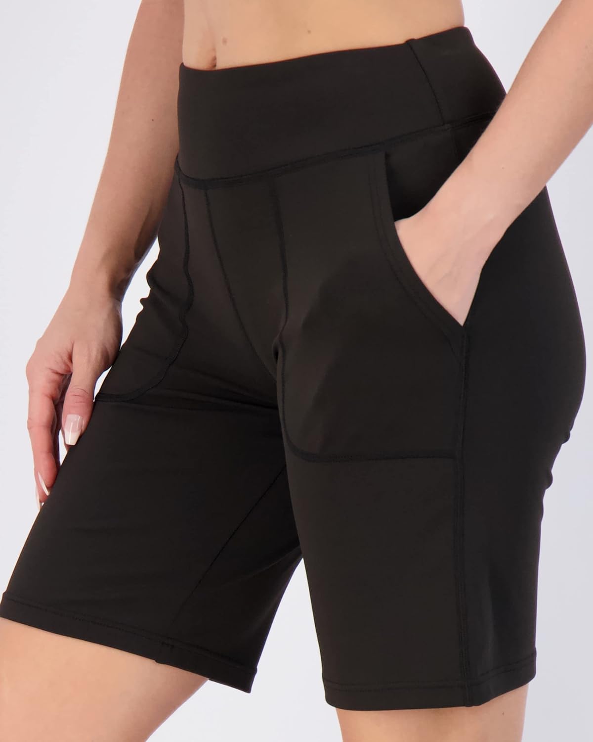 Real Essentials Women's Bermuda Shorts - 9" High Waisted with Pockets | Casual Athletic (Plus Size Available)