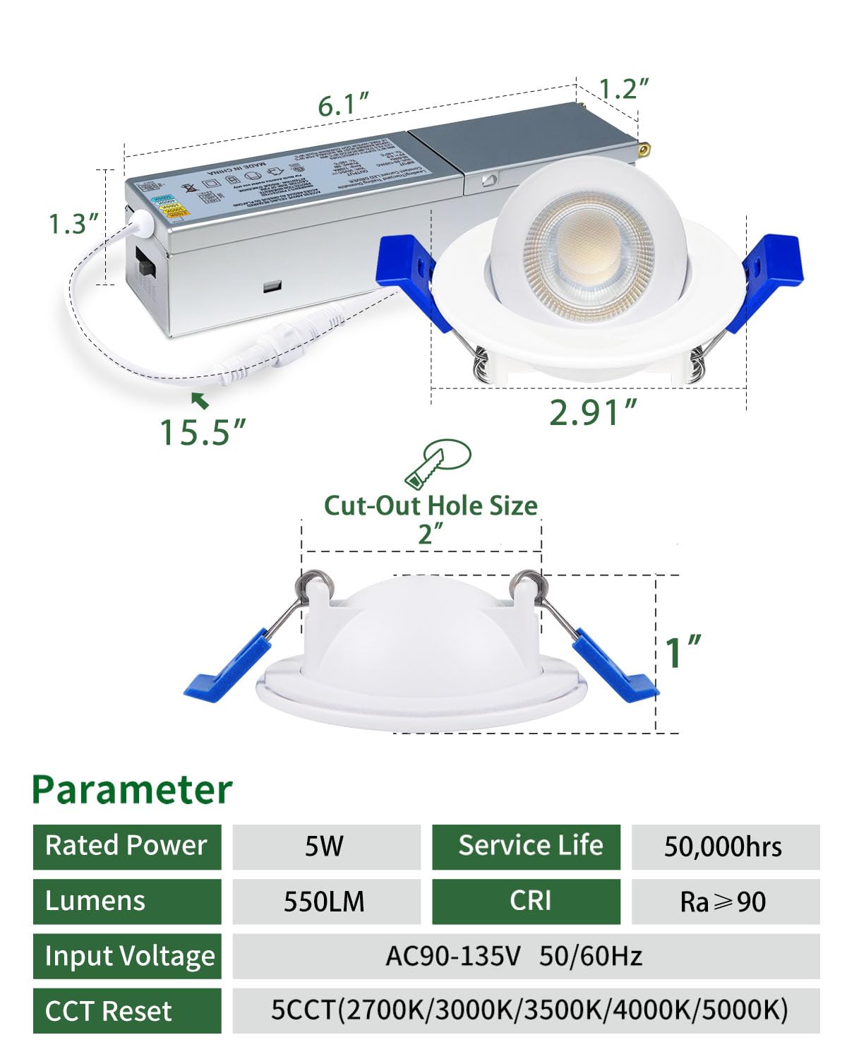 zouzai 2 Inch 5CCT Gimbal Led Recessed Lighting with Junction Box, 360°+90° Adjustable Recessed Can Lights, 2700K/3000K/3500K/4000K/5000K Selectable, 5W Eqv 50W, 550LM Brightness - ETL (White,6 Pack)