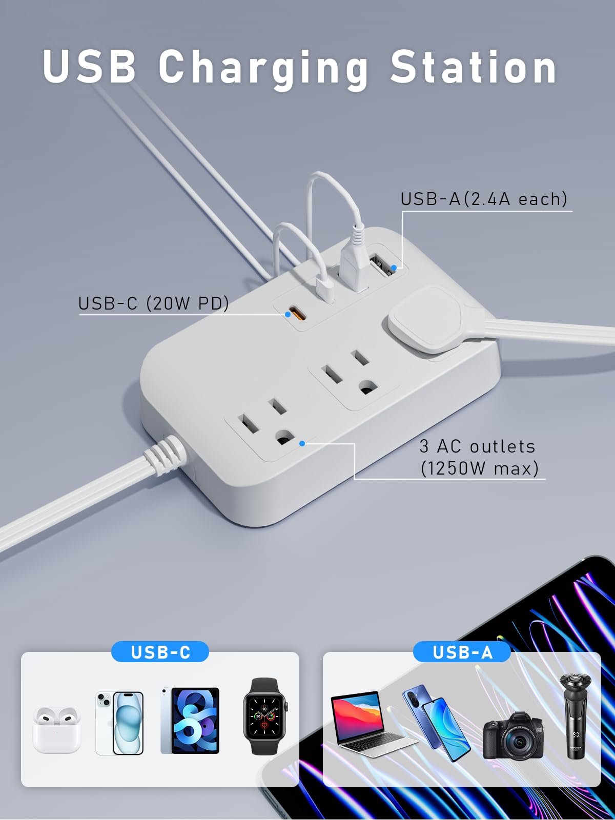 Power Strip-6FT Extension Cord Flat Wall Plug,3 Outlets 2 USB,2 USB-C,PD20W Charging Ports,Electrical Outlet,Flat Plug Power Strip,Outlet Extender,Cruise Ship Essentials for Home Dorm Room Essentials