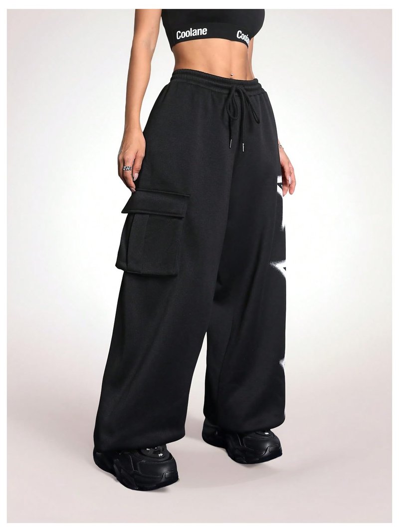BEAUDRM Women's Y2k Baggy Sweatpants Star Print Drawstring Elastic Waist Baggy Pants Wide Leg Fleece Lined Cargo Sweatpants Black Large