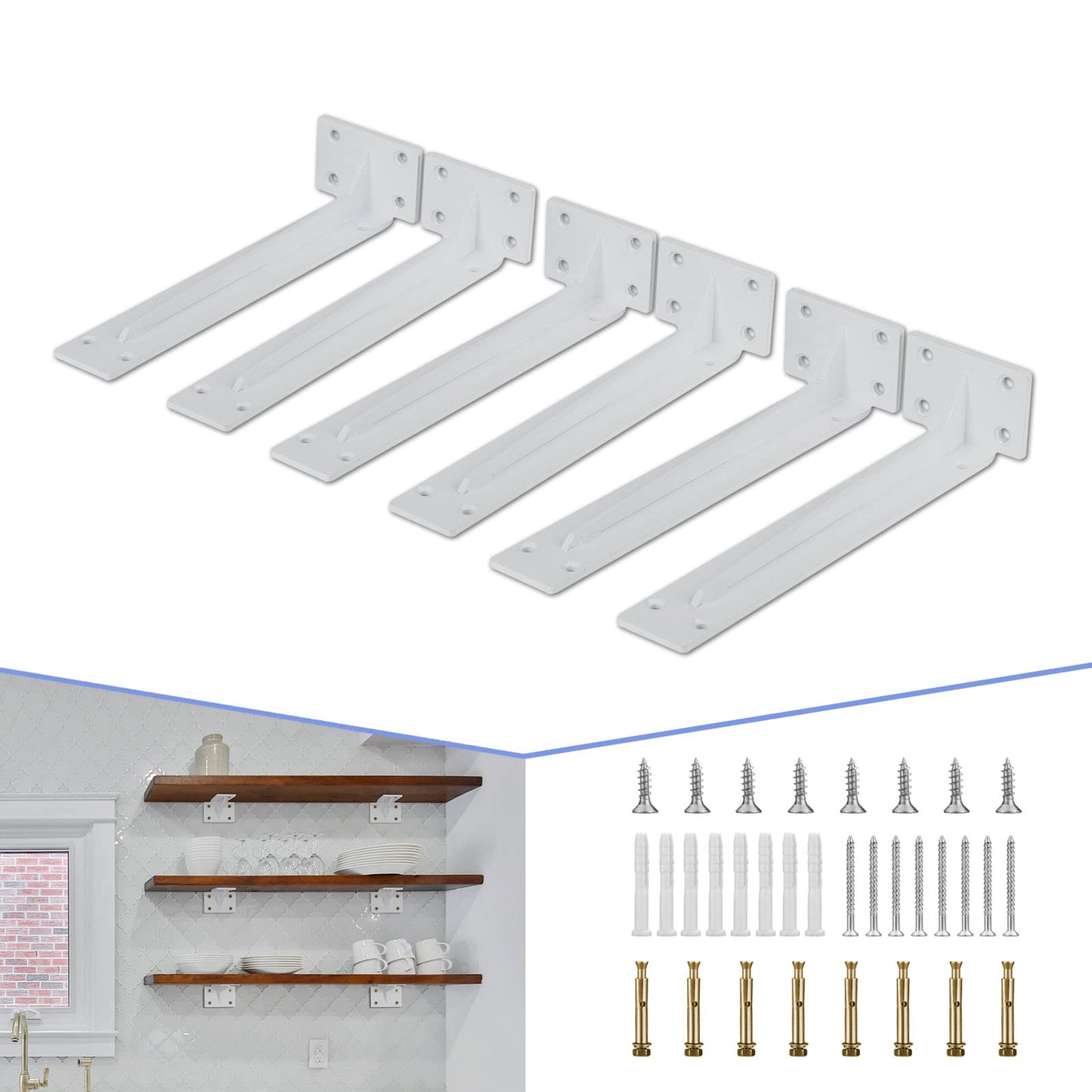 CLT Shelf Bracket( White) , 18” Quarter Inch (1/5") Thick- Max Load: 550 lb Rustic Industrial Modern Farmhouse Heavy Duty Corner Brace Joint Right Angle Bracket for DIY Table Bench, Pack of 6