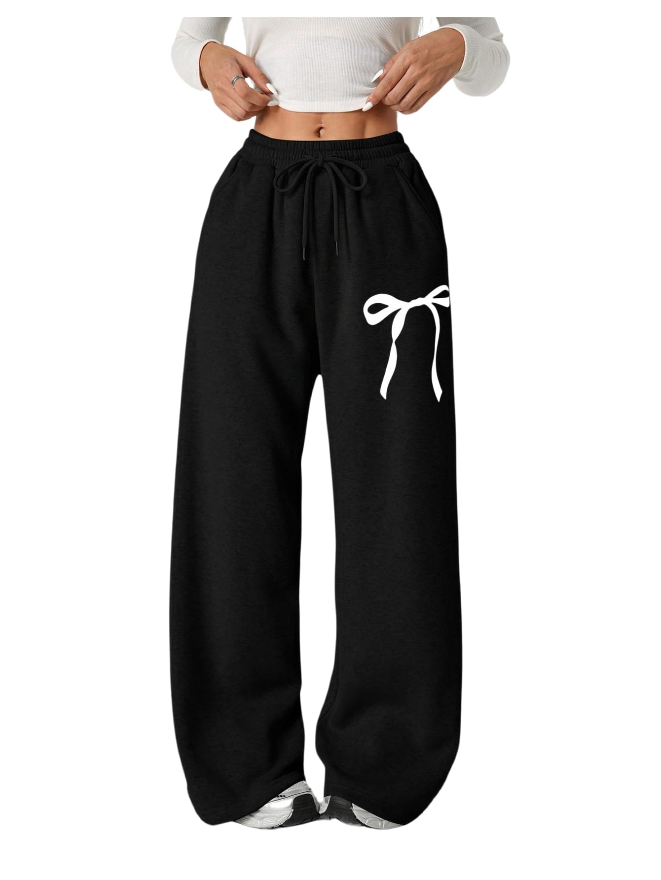 Verdusa Girl's Bowknot Baggy Sweatpants Lightweight Straight Leg Athletic Pants with Pockets Solid Black 12 Years