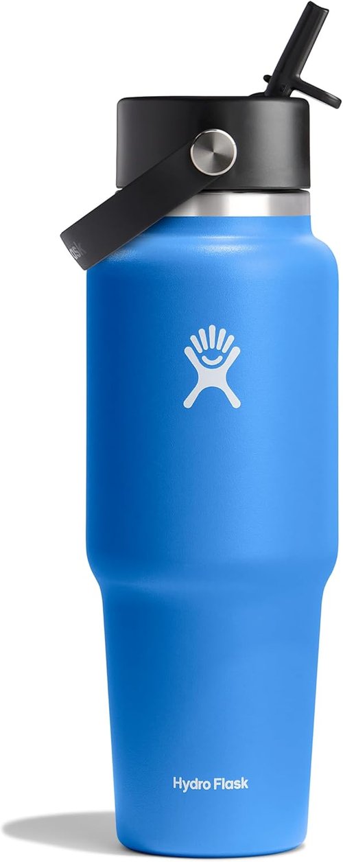 Hydro Flask Travel Water Bottle - Insulated Stainless Steel with Wide Straw Lid | 32 Oz Cascade Blue - Leakproof Design