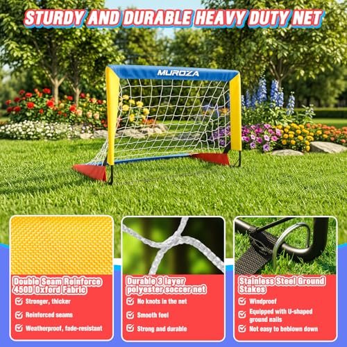Kids Soccer Goal Set - 2 Pack Portable Pop Up Nets with Ball & Cones - Red, Yellow, Blue