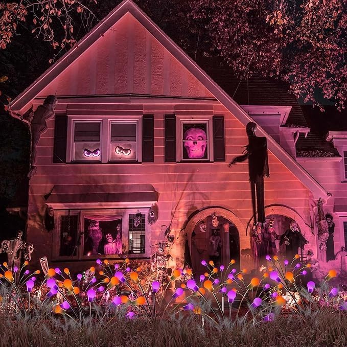 48 LED Solar Halloween Lights - 6 Pack Purple & Orange Firefly String Lights for Outdoor Garden Decor