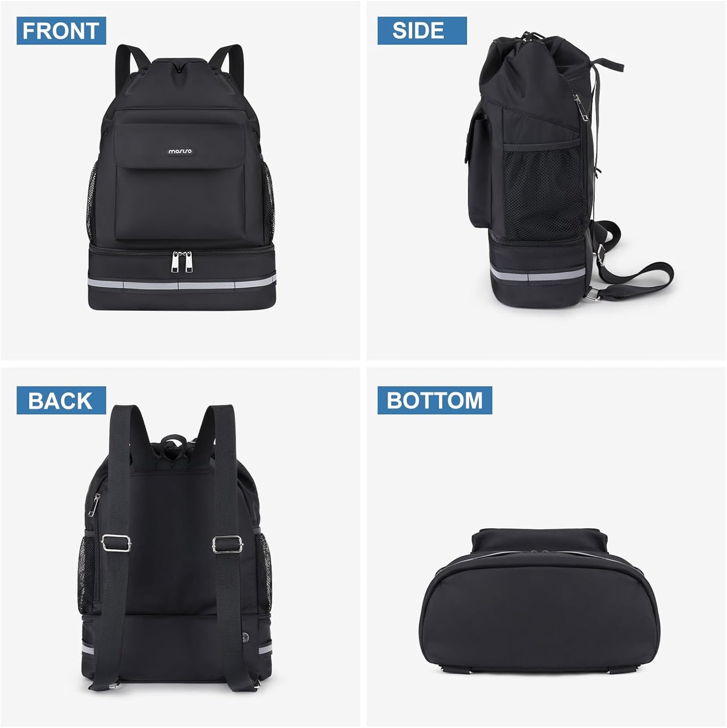 MOSISO Gym Bag - Sports Drawstring Backpack with Shoe Compartment & Front Pocket | Black Fitness Duffle for Travel and Yoga