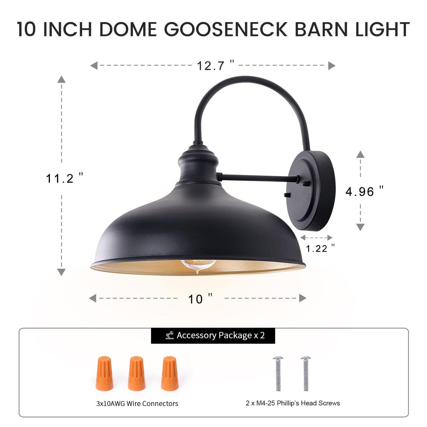 GOALPLUS 10" Dome Barn Lights for Farmhouse, Matte Black Gooseneck Outdoor Light Fixture, Exterior Porch Lighting with Wall Mount, Outside Goose Neck Wall Sconce for Patio