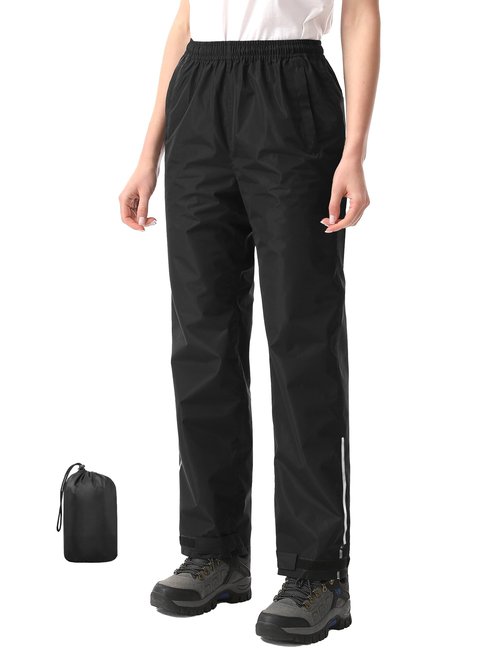 iCreek Women's Waterproof Rain Pants Packable Hiking Pants Over Pants Windproof Lightweight for Outdoor Hiking Golf Fishing (Black, Medium/31 Inseam)