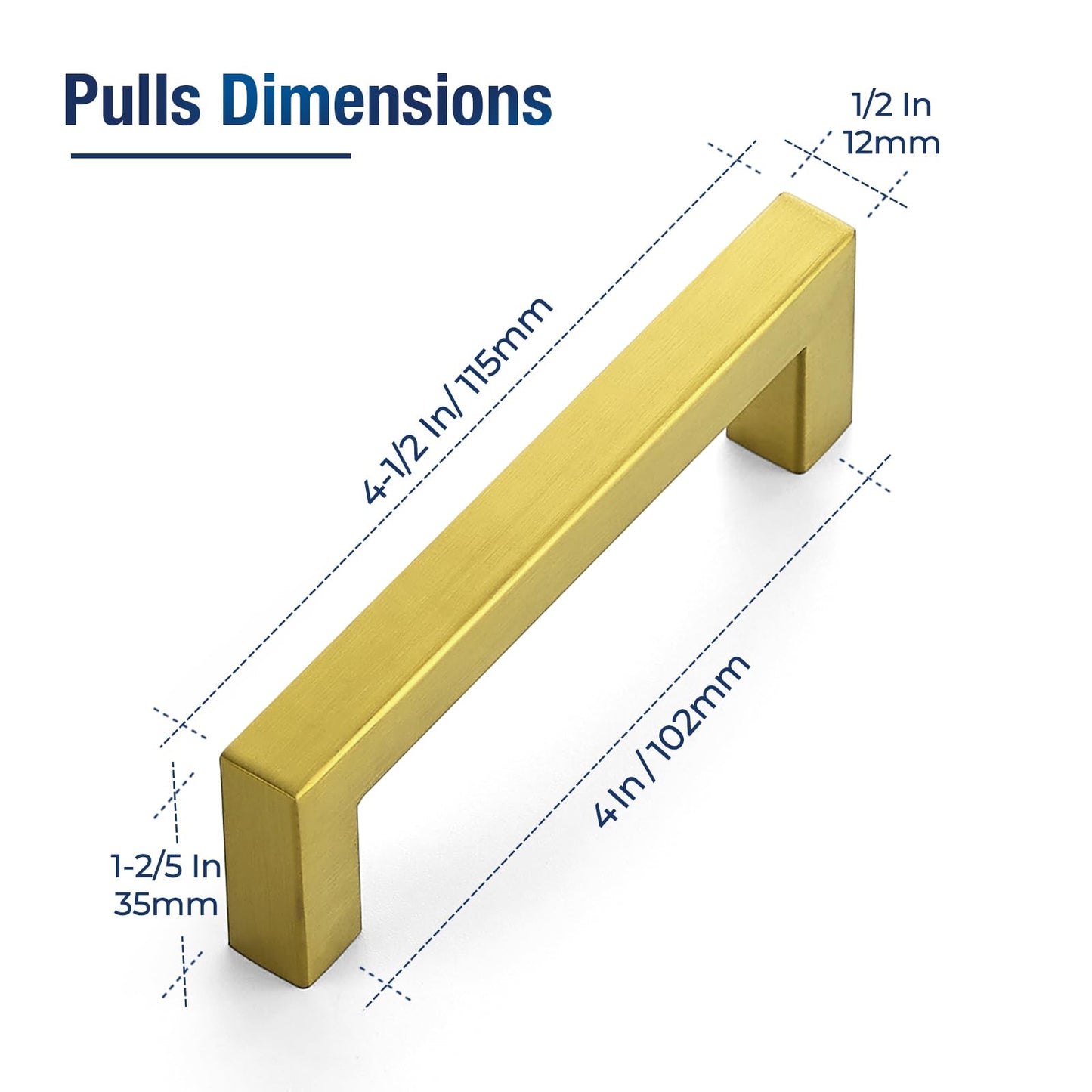 JOY DECOR 2 Pack Cabinet Handles, Gold Cabinet Pulls, 4 Inch Kitchen Handles Square Drawer Pulls Stainless Steel Drawer Hardware Handles, 102mm Hole Centers