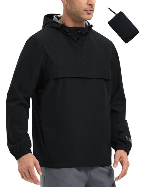 baleaf Men's Rain Jacket Packable Waterproof Golf Windbreaker Hiking Gear Hood Running Raincoat Reflective Black L