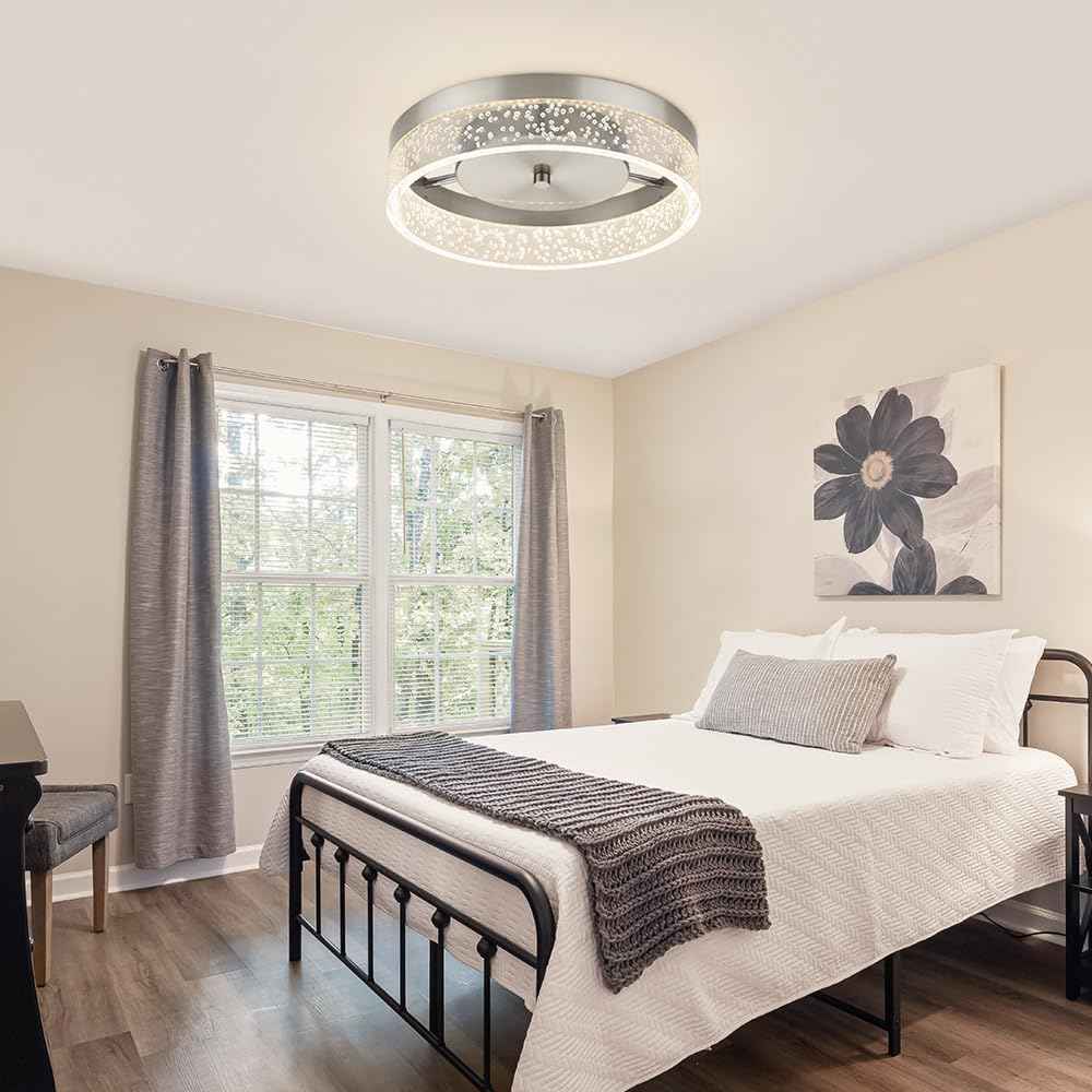 Modern 12-Inch LED Crystal Flush Mount Chandelier - Dimmable Ceiling Light for Dining Room, Bedroom & Kitchen - Brushed Nickel Finish