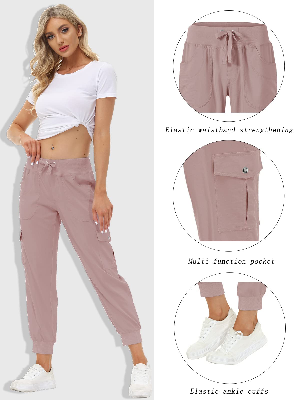 MoFiz Hiking Cargo Pants for Women with Pockets Lightweight Quick Dry Athletic Outdoor Summer Travel Casual Joggers Sweatpants Dusty Pink S