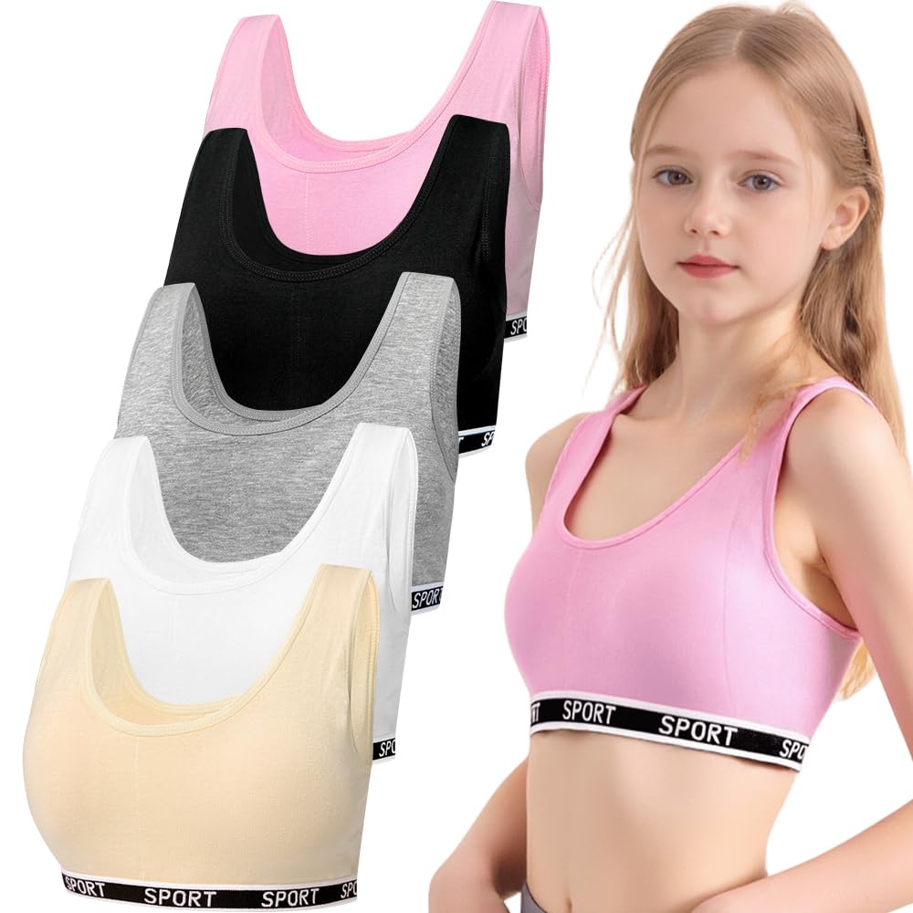 YoBeLove 5 Pack Girls'Cotton Sports Bra with Removable Pads Comfort Wireless Underwear for Teens 12-15 Years Multicolor