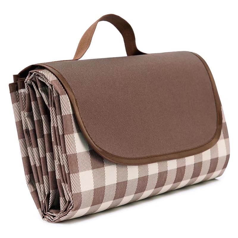 Wind Tour Waterproof Picnic Blanket 59x71 inches, Foldable Sandproof Outdoor Mat with Carry Strap, Coffee Grid Pattern