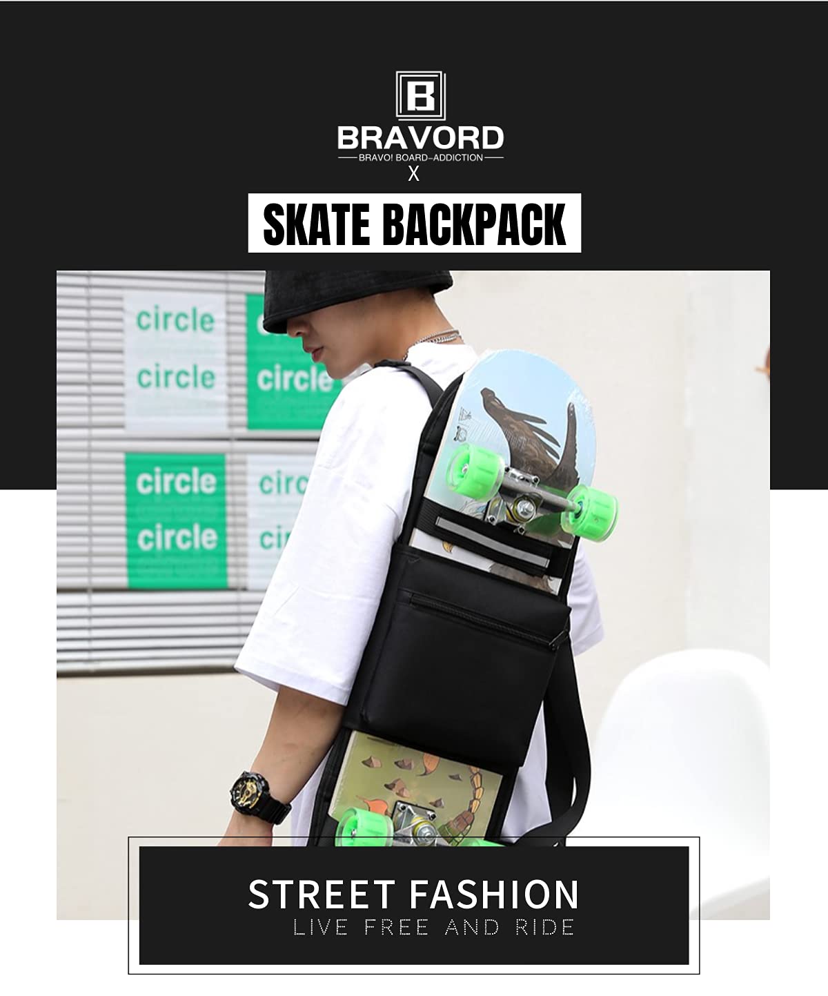 BRAVORD Foldable Skateboard Backpack Bag Carrier with Adjustable Shoulder Straps for Double Kick Longboard Electric Skateboard, Unisex (BLK)