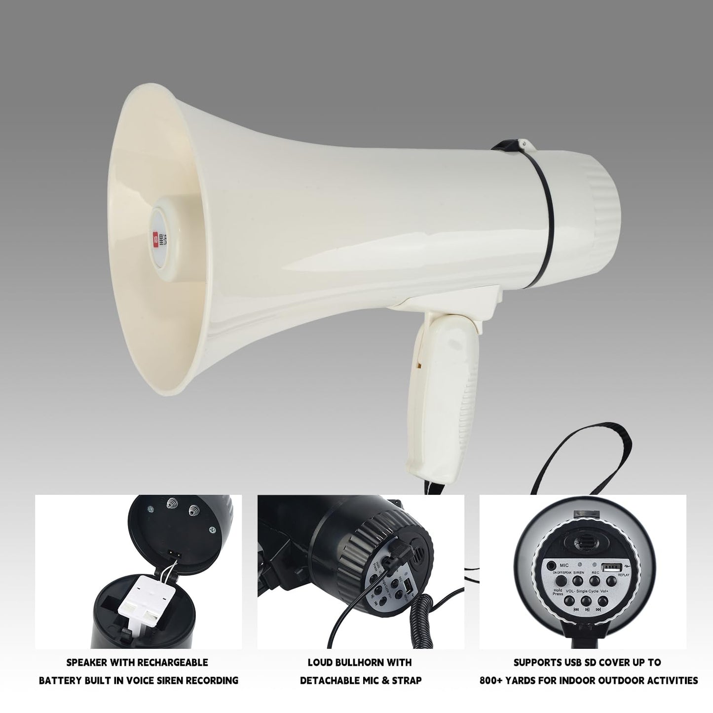 B S 30W Megaphones Bullhorn with with 240 Seconds Recording,Voice Siren for Indoor Outdoor Activities,White