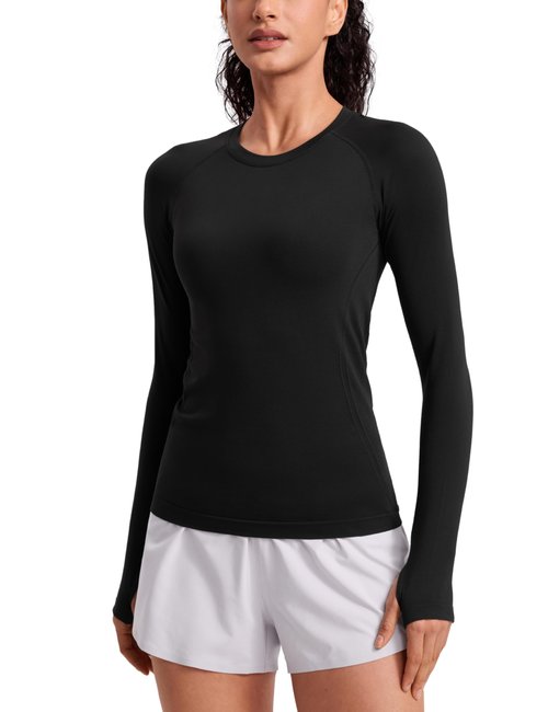 CRZ YOGA Seamless Long Sleeve Shirts for Women Hip Length - Workout Athletic Running Gym Yoga Tops Breathable Crewneck Tshirt Black Medium