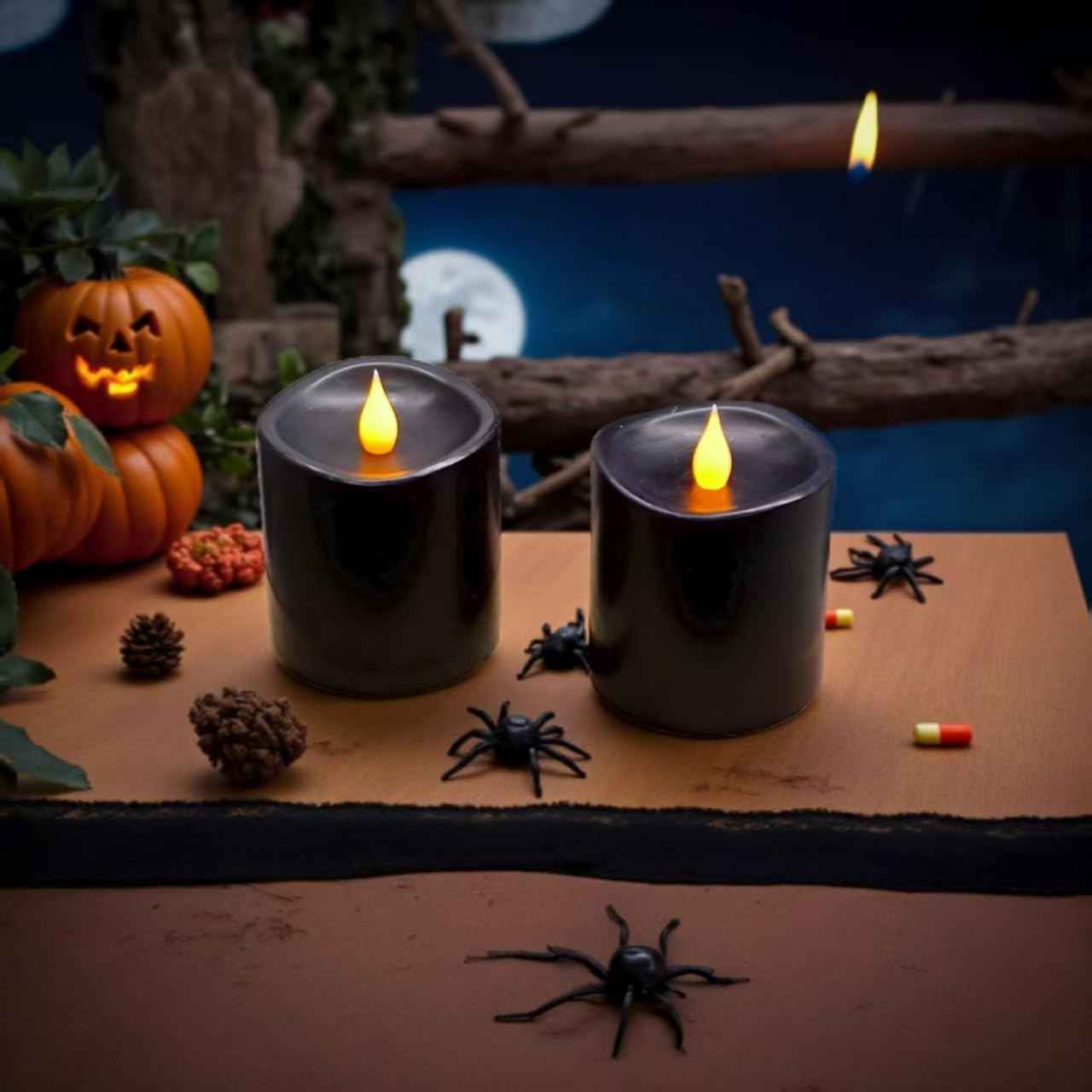 Black Flameless LED Candles 3 inch Diameter Real Wax 2AA Battery Operated 600hr+ Flickering Candles with Timer Remote Control for Halloween Thanksgiving Christmas Indoor (Black, 3″×3″- 2 PCS)