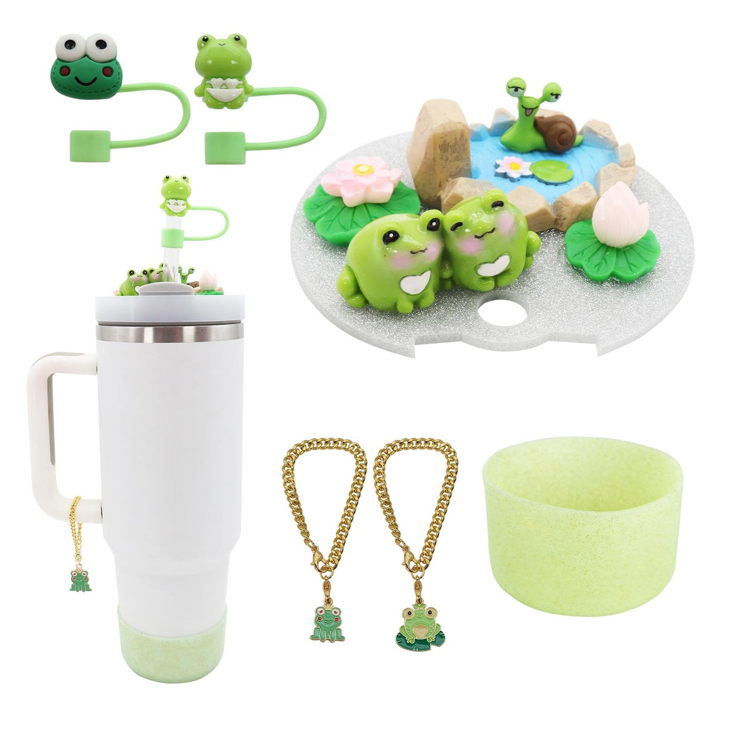 RENUIS Cup Lid Topper Decoration for Stanley 40 oz，Including Silicone Boot, Silicone Straw Topper Cover Cap, Lid Charms，Cup Chain - Cute Frog Decoration Accessories