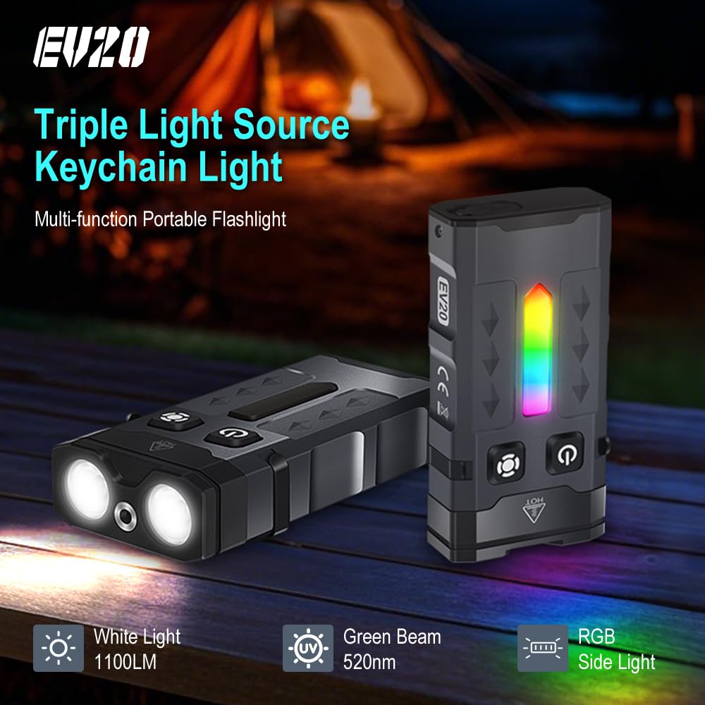 FandyFire 1100 Lumen Small EDC Keychain Flashlight with Green Light - Rechargeable RGB LED Clip on Flashlight, Multi-Functional and Magnetic Tail Suitable for Outdoor Emergency Gear