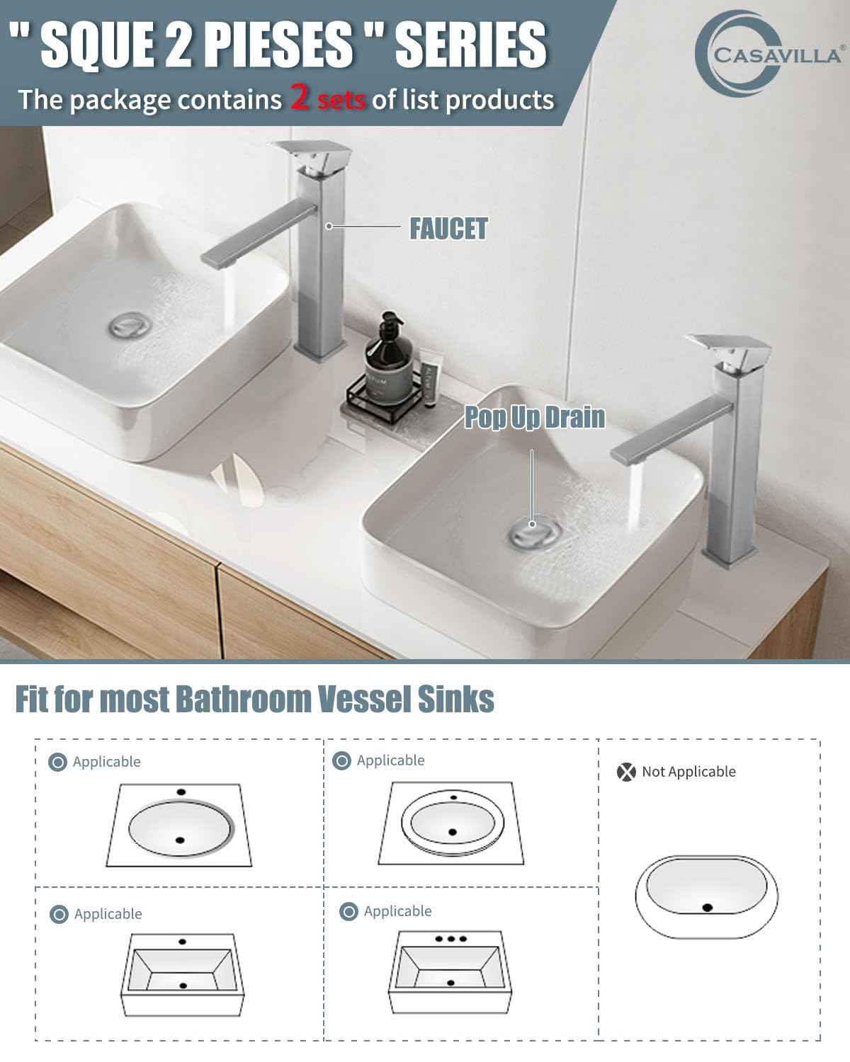Casavilla Bathroom Faucet(2 Sets), Brushed Bathroom Sink Faucet Set with Pop Up Drain, Single Hole Single Handle High Barrel Sink Vanity, Stainless Steel Lead-Free