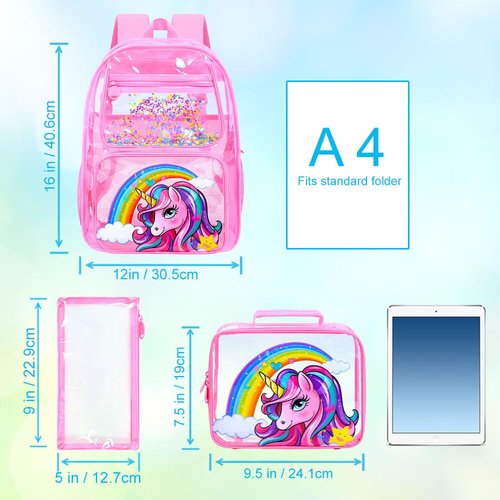 FTJCF 3Pcs Pink Clear Backpack for Girls, kids Transparent Bookbag, Heavy Duty PVC See Through Backpack Set(Pink Unicorn)