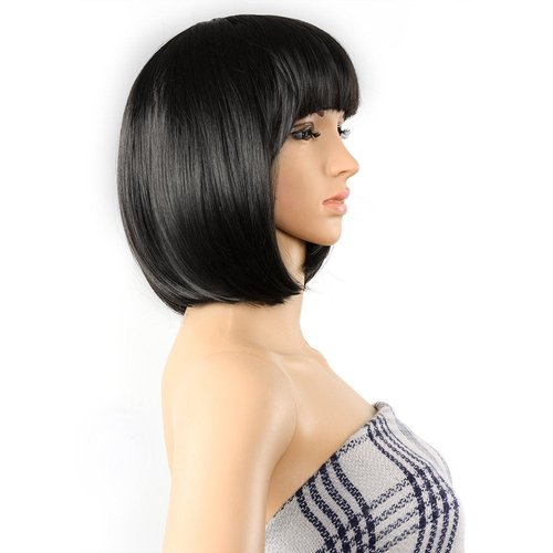 AGPTEK 13-Inch Straight Heat-Resistant Bob Wig with Flat Bangs for Women | Black Cosplay & Daily Wear