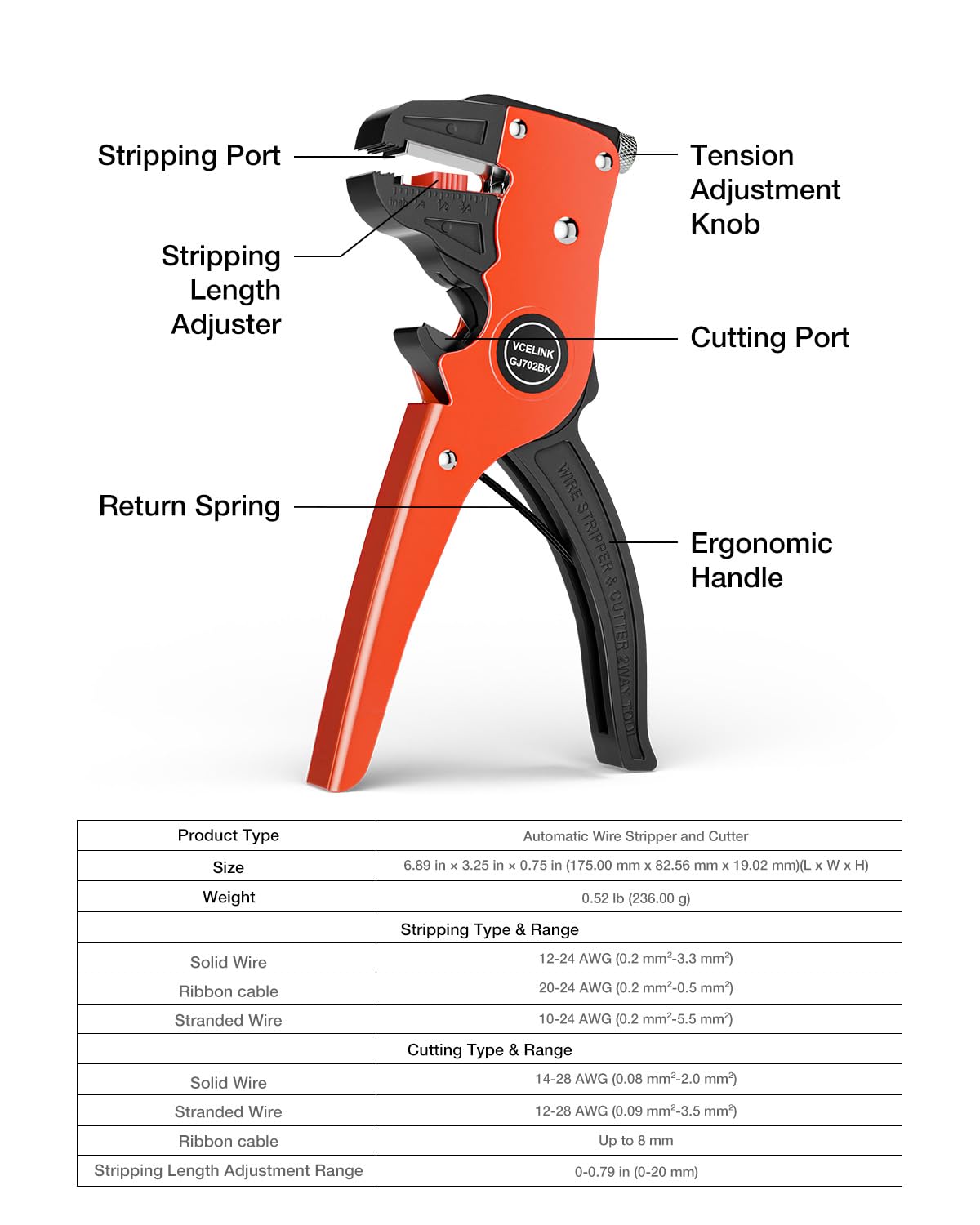 VCELINK Automatic Quickstrip Wire Stripper and Cutter, Professional Quick Strip Wire Stripper, 2 in 1 Adjustable Electrical Cable Wire Stripping Tool&Eagle Nose Self-Adjusting Wire Pliers, Black