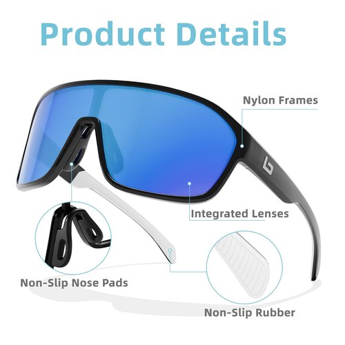 B.N.U.S Cycling Sunglasses Wrap-Around Design for mens and women (Polished Black/Sapphire Polarized, Plastic Lenses)
